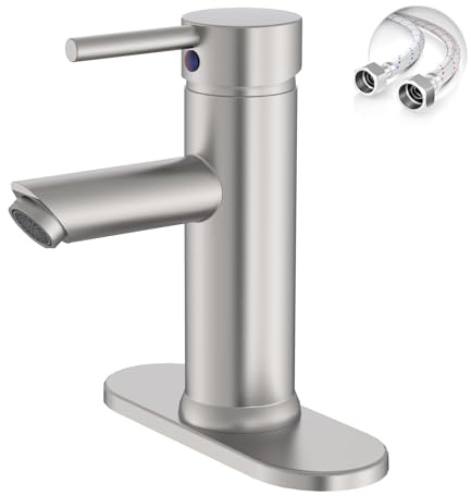 Brushed Nickel Bathroom Faucets, Greenspring Single Handle One Hole Bathroom Sink Faucet, Water Saving Lavatory Vanity Sink Faucet with Cover Plate Commercial Mixer Tap Supply Line, Brass