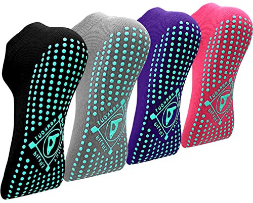 ELUTONG Yoga Socks Anti Skid Grip Non Slip Socks (4 Pairs) for Women Pilates, Yoga, Barre, Dance, Martial Arts, Trampoline, Fitness, Hospital, Rehab UK 4-7