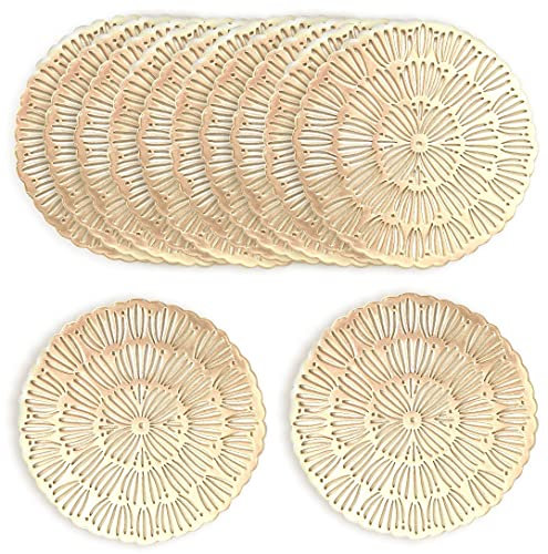 ASFINS Untersetzer Gold, 12 Stück Untersetzer Gläser Tischset Rund Vinyl Hohl Platzsets Abwischbar PVC Tischuntersetzer für Küche, Zuhause, Speisetisch (12 x 12cm)