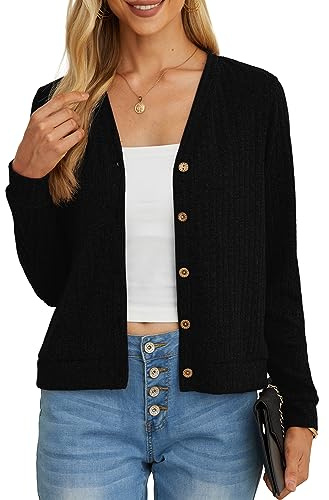 GRECERELLE Women's Crop Cardigan Summer Long Sleeve V-Neck Button Down Knit Lightweight Outerwear Shrug Shawl Bolero Cardigans for Ladies (Black, S)