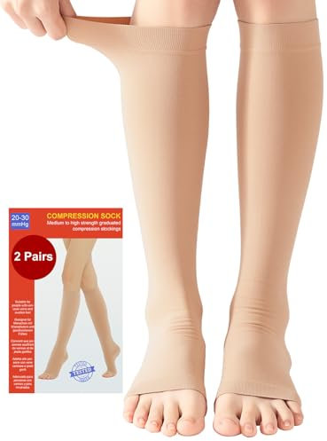 2 Pares Medias de Compresión Mujer y Hmbre Médicas Circulacion, 20-30 mmHg Clase 2, Calcetines Compresion con Punta Abierta para Varices, Edema, Vuelo (2x Beige, XXL)