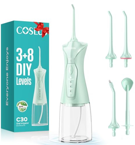 COSLUS Water Dental Flosser Pick for Teeth: 4 Modes Cordless Portable 300ML Larger Tank Water Teeth Cleaner IPX7 Waterproof Flossing Cleaning Picks for Home Travel Green C30(FC5360)