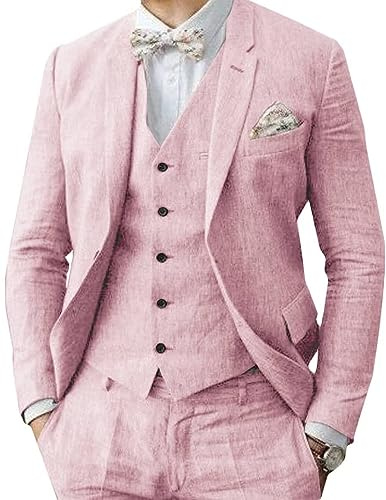 Traje de hombre de lino de 3 piezas formal para negocios, chaqueta de solapa esmoquin para boda, para padrinos de boda, para fiestas, rosa, 50