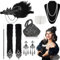 9 Stück 1920er Kleider Jahre Kostüm Damen Set, Faschingskostüme Damen Gatsby Jahre Accessoires Zeitreise Zubehör Retro Inklusive Stirnband Halskette Handschuhe Ohrringe Handheld-Requisiten (Schwarz 1)