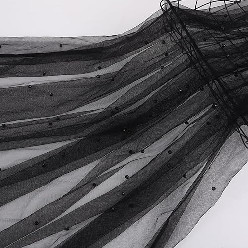 SYSUII 2 Yard*160cm Chiffon Glitzer Tüll Dekostoff mit kleine Perlen Dekostoff Kostümstoff zum Nähen Durchsichtig Stoff Tüll Stoff zum Nähen für Hochzeitskleid Tischdecke Party Deko -Schwarz #3