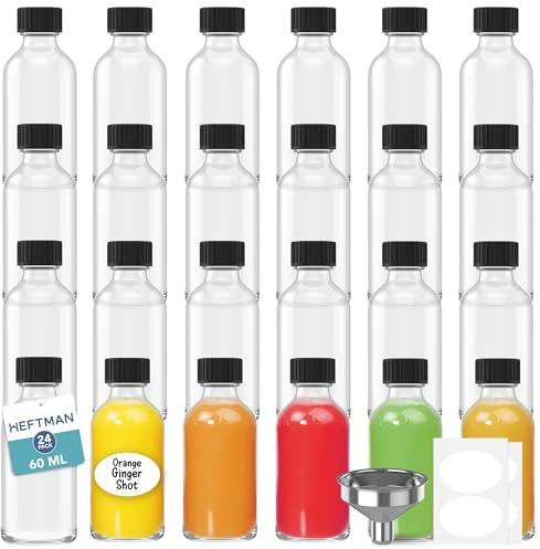 HEFTMAN Shotflaskor i glas med lock – 24-pack 60 ml tomma miniflaskor för ingefära skott med 3 trattar och etiketter – återanvändbara, genomskinliga, lufttäta – perfekt för juice, oljor, sprit, såser