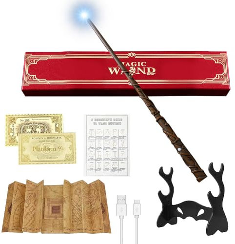 CJBIN Zauberstab Hermine Granger, Hermine Zauberstab mit Licht, USB Aufladung Hermine Granger Zauberstab, Zauberstab Hermine Stab in Geschenkbox mit Karte, Stationsticket, Landkarte, und Halter