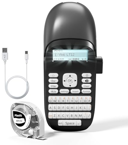 Vixic dispositivo di etichettatura portatile LT-12, dispositivo di etichettatura Bluetooth, stampante di etichette portatile con tastiera QWERTZ, ideale per ufficio, esterni e casa - Grigio