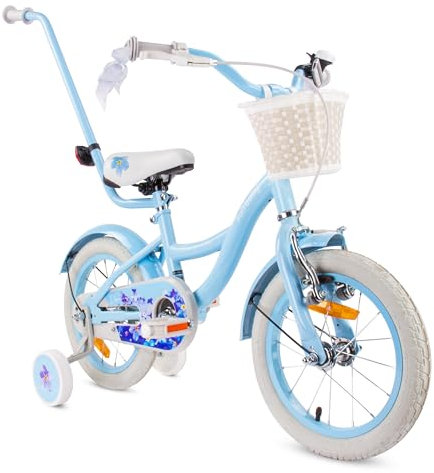 sun baby Mädchenfahrrad 14 Zoll Radgröße Flower Bike zur Auswahl, mit Abnehmbarer Schubstange, Kinderfahrrad für Mädchen von 2 bis 6 Jahre (Blau, 16 Zoll)