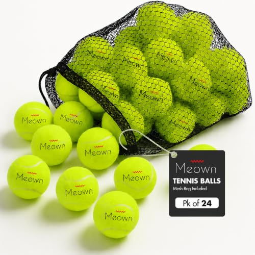Meown Tennis Balls with Mesh Carrying Bag, Pack of 12 24 36 48 | Pressureless Training & Practice Balls for All Court Types | Durable Dog Fetch & Play Balls | Soft Rubber All-Court Tennis Balls