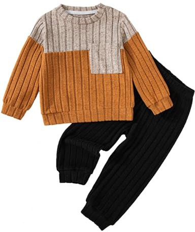 JiAmy Set casual per ragazzi a maniche lunghe con pantaloni elastici in vita morbida abbigliamento da casa abbigliamento da gioco 1-6 anni, cachi e arancione, 4-5 Years
