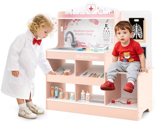 HOMASIS Kit Dottore Bambino in Legno, Kit Medico Bambini con Lavabo, Esame della Vista, Elettrocardiogramma, Orologio e Radiografia, Gioco Infermiere per Simulazione per Bambini da 3+ Anni (Rosa)