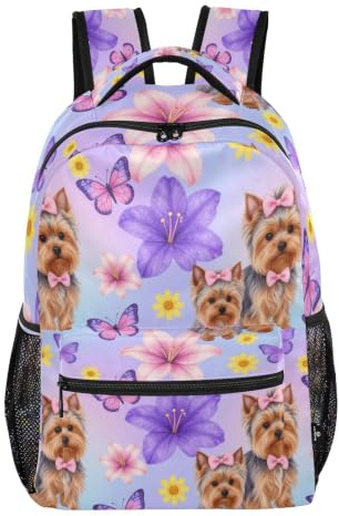 KLL Yorkie med lila lilja ryggsäckstaggar för barn skola med bröstklämma för grundskola, Yorkie med lila lilja, Small, Mode