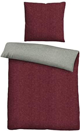 biberna Melange-Flanell Bettwäsche 135x200 cm, 2-teilig mit Kissenbezug 80x80 cm, 100% Baumwolle, Biber, mit Paspel, wärmend & weich, Reißverschluss, Winterbettwäsche, Uni, rot, Modell 0840500