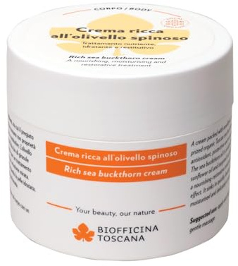 Biofficina Toscana Crema ricca all’olivello spinoso bio toscano, 150 g – Crema corpo idratante pelle secca e matura – Trattamento restitutivo con olio di girasole e burro di karité