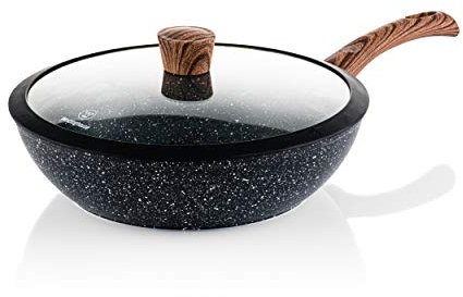 Westinghouse Wok Wood Marble Wok Wok 30 cm, 3 capas de mármol antiadherente, de aluminio forjado, apta para inducción, mango recubierto de silicona en aspecto de madera, apto para lavavajillas, negro