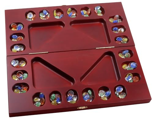 GSE Games & Sports Expert 4-Player Mancala Board Game with Multi-Color Glass Stones, Folding Wooden 4-Way Mancala Family Travel Strategy Games Set for Kids & Adults (Mahogany)