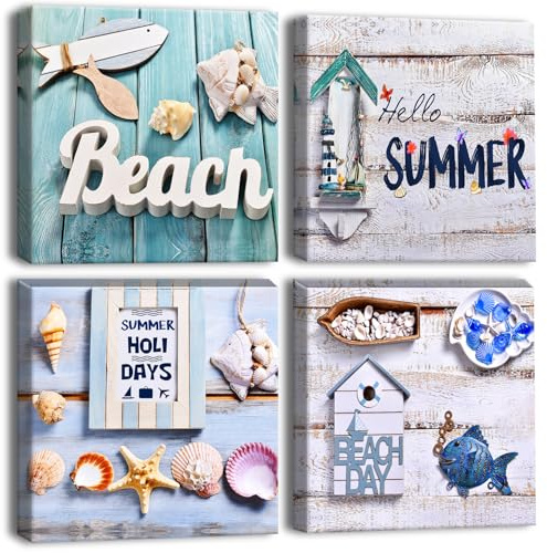 Artscope 4 Pieces Wall Art Canvas Prints - Beach Holiday Picture Painting- Modern Wall Artwork Framed for Bathroom Home Office Decor - 30 x 30 CM