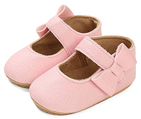 LACOFIA Zapatos Primeros Pasos de Bautizo para Bebé Niñas con Antideslizantes Suela Bailarinas Bebé Rosado 6-12 Meses