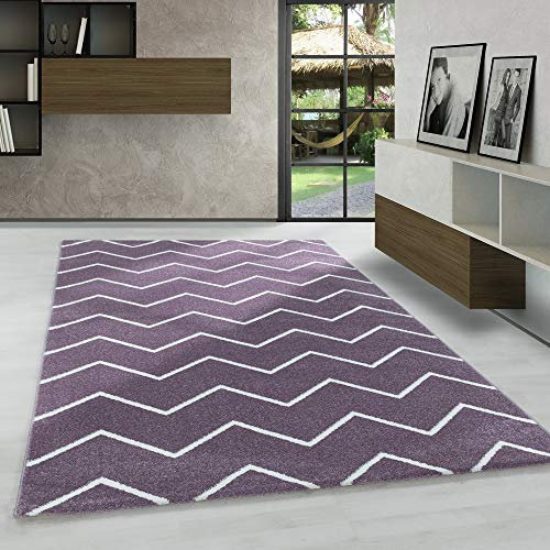 Carpetsale24 Designer Teppich Modern, Kurzflor Zick-Zack Design, Rechteckig, Lila und Weiß, Pflegeleicht, Wohnzimmer Teppich, Größe:140 x 200 cm
