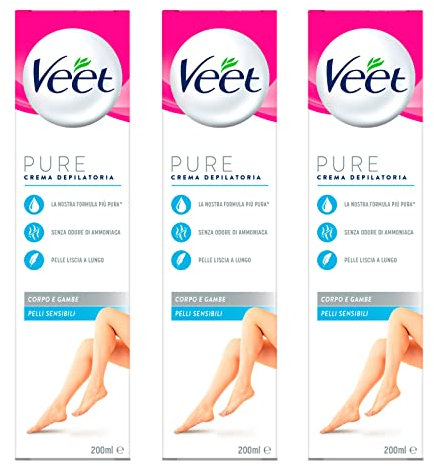 3x Veet Crema Depilatoria Pure per Pelli Sensibili Senza Odori- 2 Flaconi da 200 ml ognuno
