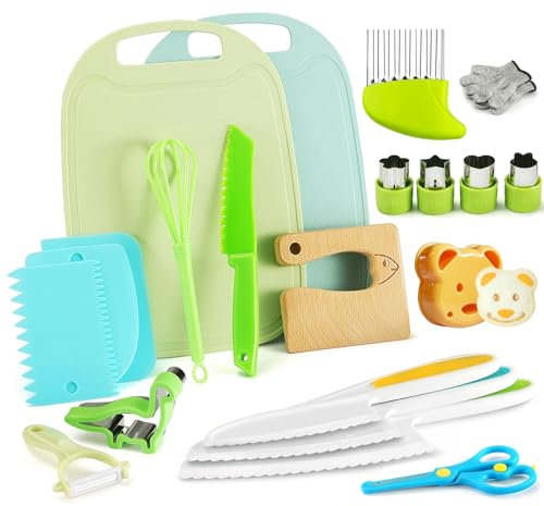 Coltello da cucina per bambini, 21 pezzi, per cucinare frutta o verdura con coltello in legno, coltello da cucina, tagliere, ecc. Set da cucina per bambini dai 2 anni in su (pesce)