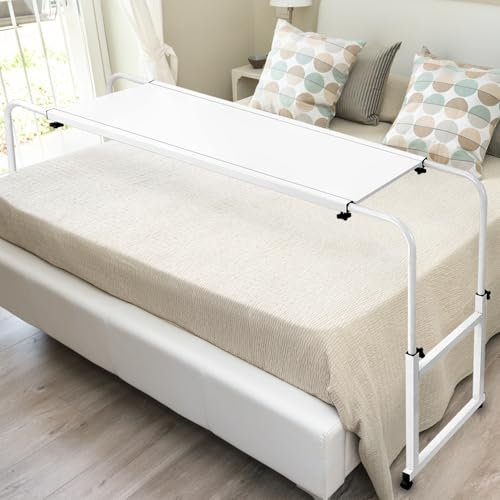 QWORK® Mesa de Cama Ajustable en Altura y Ancho con Ruedas, Mesa de Bandeja Ideal para el hogar y la Oficina, Multifuncional como Mesa Auxiliar, mesita de Noche, Escritorio