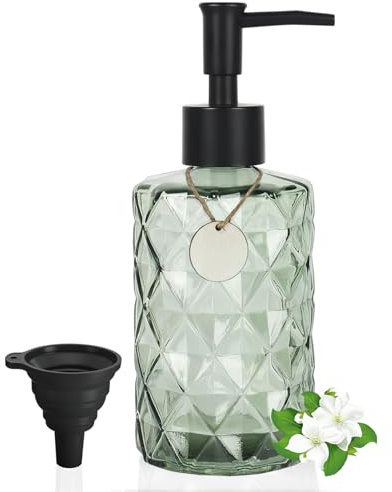 GKSCXEXE Distributeur de savon vert - 330 ml - Distributeur de savon à main en verre pour salle de bain - Distributeur à pompe avec étiquettes en bois - Entonnoir noir - Pompe en plastique pour gel
