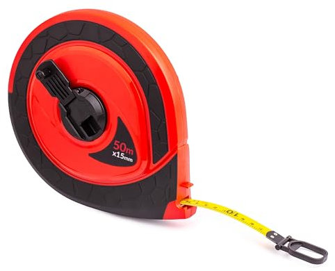 MIVOS Mètre ruban 50m - Mètre robuste - Manivelle pliable - Mètre enrouleur - Fibre de verre - Entraînement rapide du ruban - Inserts caoutchoutés antidérapants - Boîtier plastique ABS