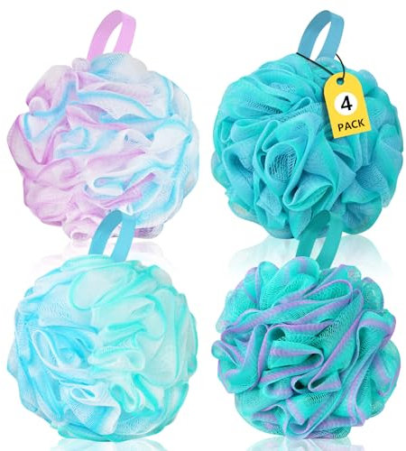 Esponja de lufa extra grande para ducha, juego de 4, 75 g/PC, esponja de baño suave para mujeres y hombres, esponja de baño de malla exfoliante para la piel