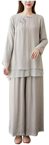 DAYKET Ropa de Tai Chi para Mujer, Traje de Artes Marciales de Lino y Algodón para Meditación Zen Kung Fu, Conjunto de Top Tradicional Chino + Pantalones,GreyB-L