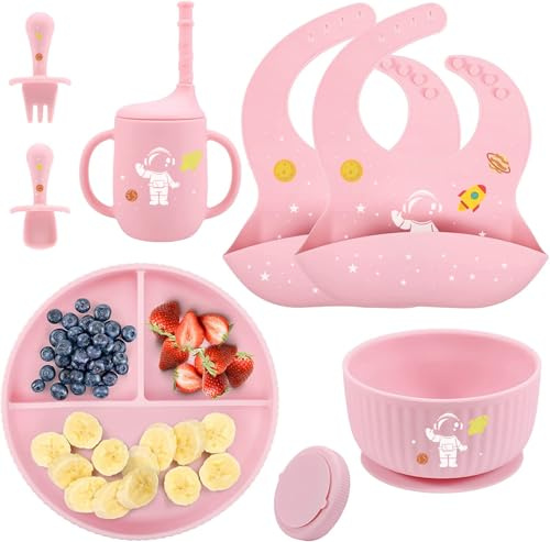 Baby Weaning Set with Pattern, Suction Bowls Sets, Silicone Baby Feeding Set, Baby Weaning Essentials with Adjustable Bib, Suction Plate, Cup, Spoon and Fork