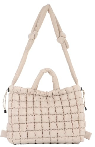 Jywmsc quiltad buffertväska för kvinnor, stor quiltad axelväska, lätt, fluffig bärväska av nylon, hobo-väska, handväskor, kaki
