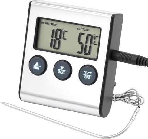 QWORK® Termometro Cucina Digitale con Sonda, Timer e Schermo LCD - Termometri Alimenti per Cucina e Barbecue