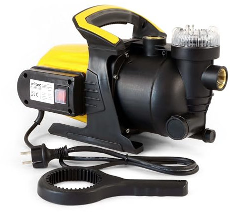 Wiltec Gartenpumpe 1200 W mit Kunststoff-Pumpengehäuse 3800 l/h, Wasserpumpe mit Vorfilter, Bewässerungspumpe mit Tragegriff für Gartenteich, Regenfass, Brunnen und Zisterne