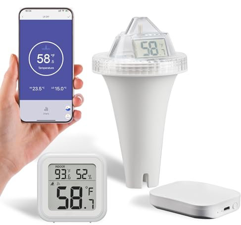 Thermomètre Piscine Sans Fil Radio avec Passerelle WiFi, Thermometre Piscine Connecté, App Moniteur à Distance, Étanchéité IP68, Portée de 90 Mètres, pour Piscine, Spa, Aquarium