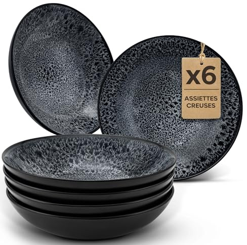 Twinzee Geschirrset 6-teilig aus Steinzeug - Teller Set 6 Tiefe Teller Granite für 6 Personen - Mikrowellen - Riviera Kollektion