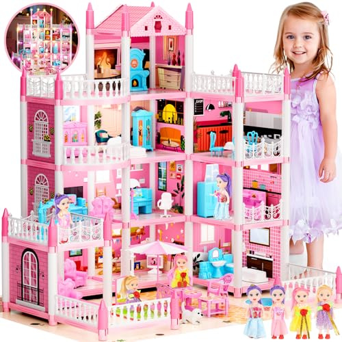 3-Story Dream Doll House with 11 Rooms and Accessories, LED Light, Dolls, Play Mat, Pets Playhouse Toy Gift for Girls Aged 3-13