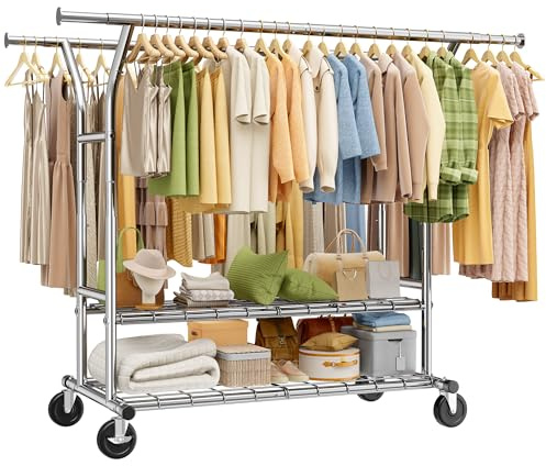 Klyvvo Kleiderständer auf Rollen mit ausziehbarer Struktur 128-189cm & 2 Lagernetzen, 200KG Schwerlast Kleiderständer Stabil mit Rollen, Kleiderstange aus Metall für Kleidung & Accessoires