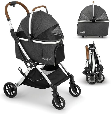 PetRida Luxury Pet Stroller with Detachable Carrier | Lightweight Design with Easy One-Hand Fold & Spacious Storage Basket | Safe & Comfortable Travel for a Small to Medium Dog or Cat, Gray