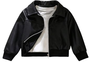 BEAUDRM Girl's Faux Leather Jacket Zip Up Long Sleeve Motorcycle Biker Coat Streetwear Black 11Y