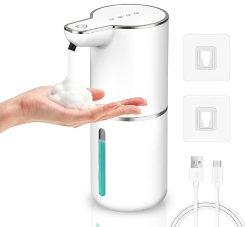 Seifenspender Automatisch, Gcstnn 350ml Elektrischer Schaumseifenspender Wandbefestigung mit Sensor Infrarot, USB Wiederaufladbar, IPX5 Wasserdicht, für Badezimmer, Küche, Spülmittel - Weiß