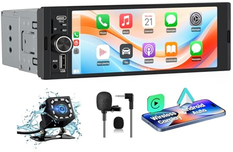 Junsun Radio Coche 1 DIN con CarPlay y Android Auto Inalámbrico, Autoradio con Pantalla Táctil de 6,36 y Cámara Trasera, Admite Bluetooth, FM, USB, TF, DSP y Mandos al Volante