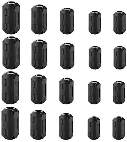 Dreamtop 20 Pezzi Ferrite Anello Nucleo, Clip-on Anello di Ferrite per Cavi, Silenziatore del Rumore RFI EMI Soppressore Filtro Clip Cavo, 4 di Ciascuno dei 5 Diametri Interni 3mm 5mm 7mm 9mm 13mm