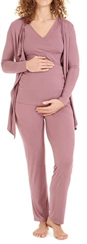 Herzmutter Stillpyjama-Set - 3-teilig - Umstands-Pyjama für Damen - Schwangerschafts-Wochenbett-Set - Hose-Top-Cardigan - 8100 (Altrose, M)
