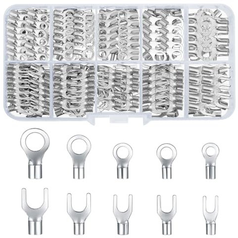 QOOSIKICC 320 Pieces Non-Insulated Ring Terminals & Fork Connector Kit, Copper Ring Fork U-Type Female Terminals, Wire Lugs Battery Cable Terminals Electric Wire Crimp Connectors(Silver 320)