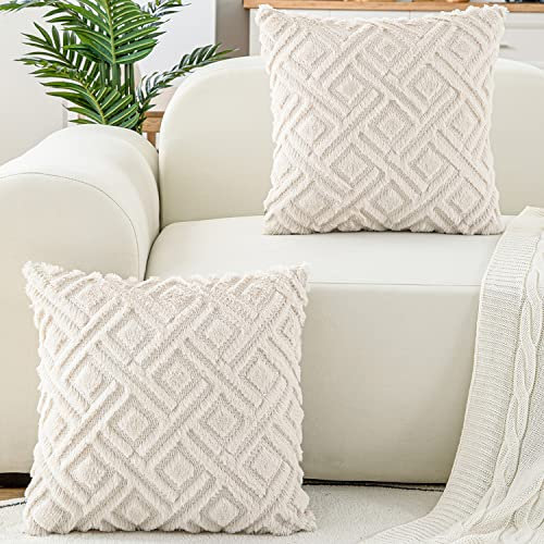 Hpocipo 2er Set Weicher Wolle Samten Kissenbezüge Boho Kissenbezug Luxus kissenhüllen Dekokissen Sofakissen Kissen Fall für Sofa Bed Büro Auto Cafe (60 x 60cm, Cream Beige)