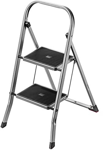 KADAX Klappleiter aus Stahl, 2-stufige Trittleiter mit rutschfesten Stufen, Traglast bis 150 kg, klappbar mit Handlauf
