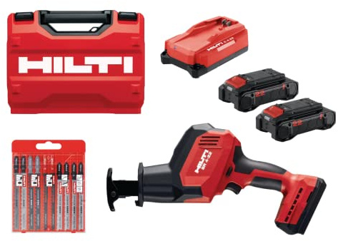 Hilti 2407072 Kit Sierra de sable SR 4-22 NURON + 2 baterías B 22-85 + cargador C 4-22 + Juego 10 hojas sierra de calar (Longitud carrera 23mm. Tasa 3000 cpm. Demoliciones de calidad. Con maletín)