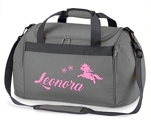 minimutz Sporttasche Einhorn mit Sternen und Namen personalisiert | Kinder-Reisetasche groß für Sport-Verein (grau)